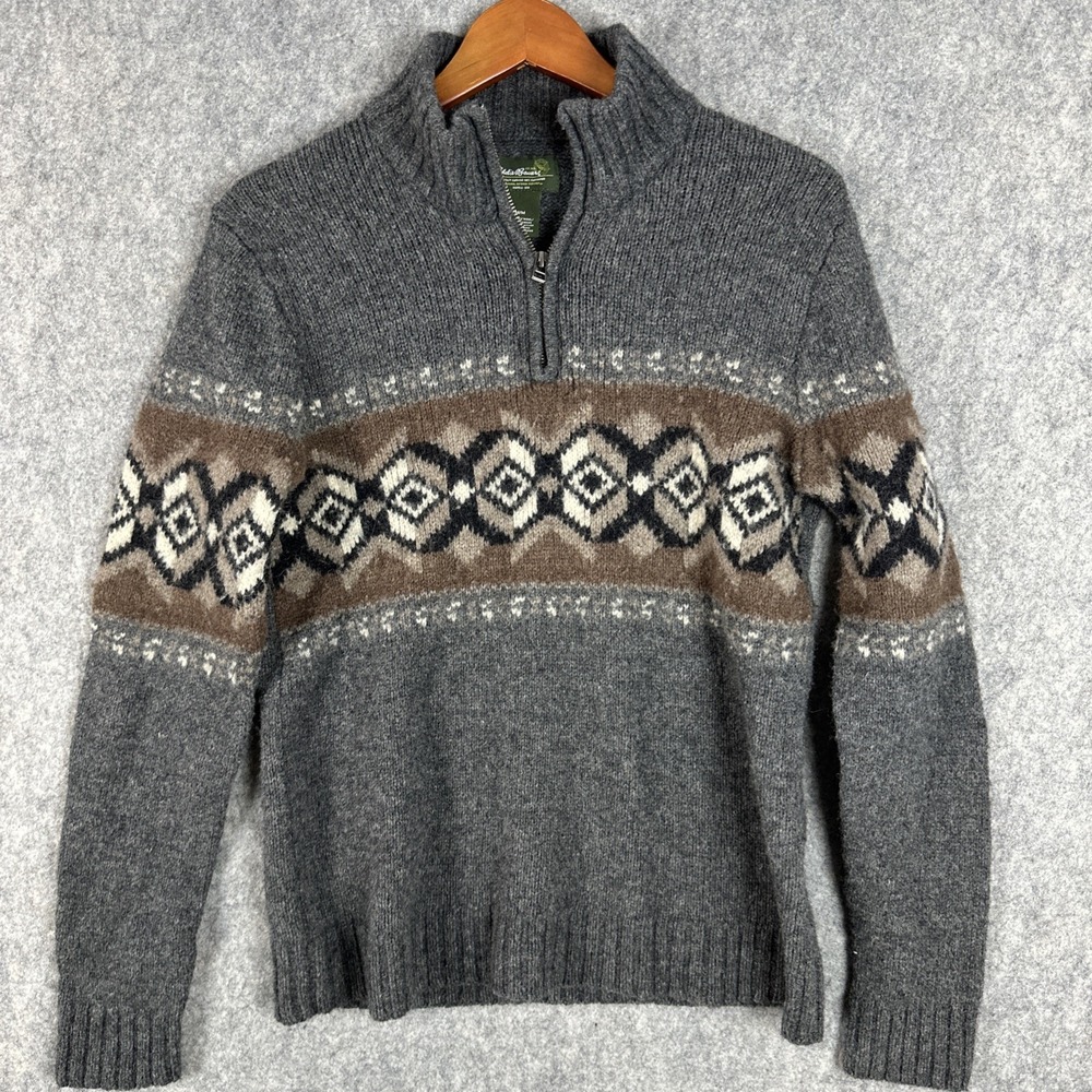 Eddie Bauer Sweater Men's M Gray Fair Isle Lambswool Blend Pullover 1/4 Zip Soft
